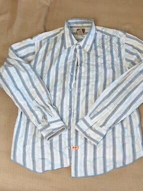 Vintage Red 100% Cotton Blue & White Striped Casual Button-Down Shirt XL